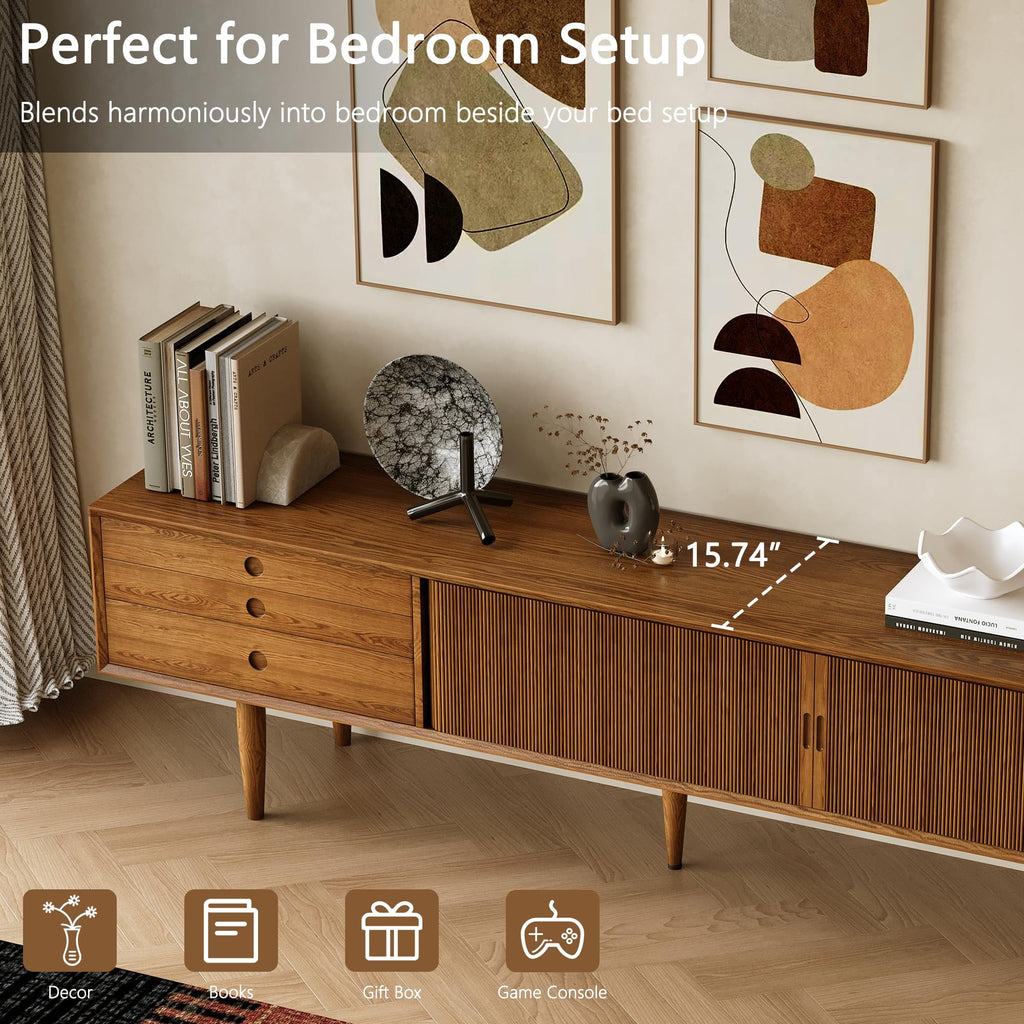 86.61" Solid Wood TV Stand for 85 Inch TV, Mid Century Walnut