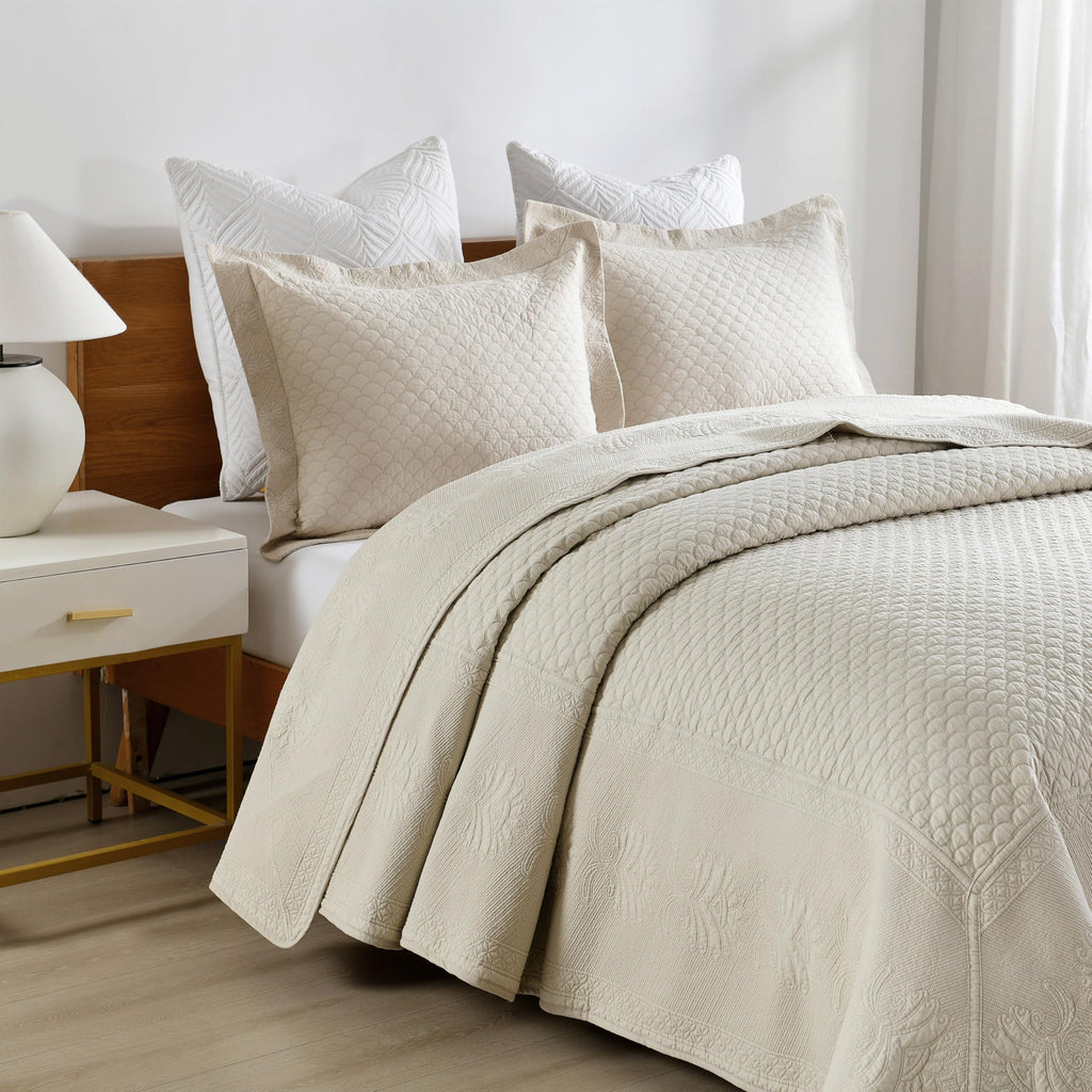 3-Piece 100% Cotton Oversized Bedspread Lightweight Quilt Coverlet Embroidery Farmhouse Bedding Set (TM Khaki Beige