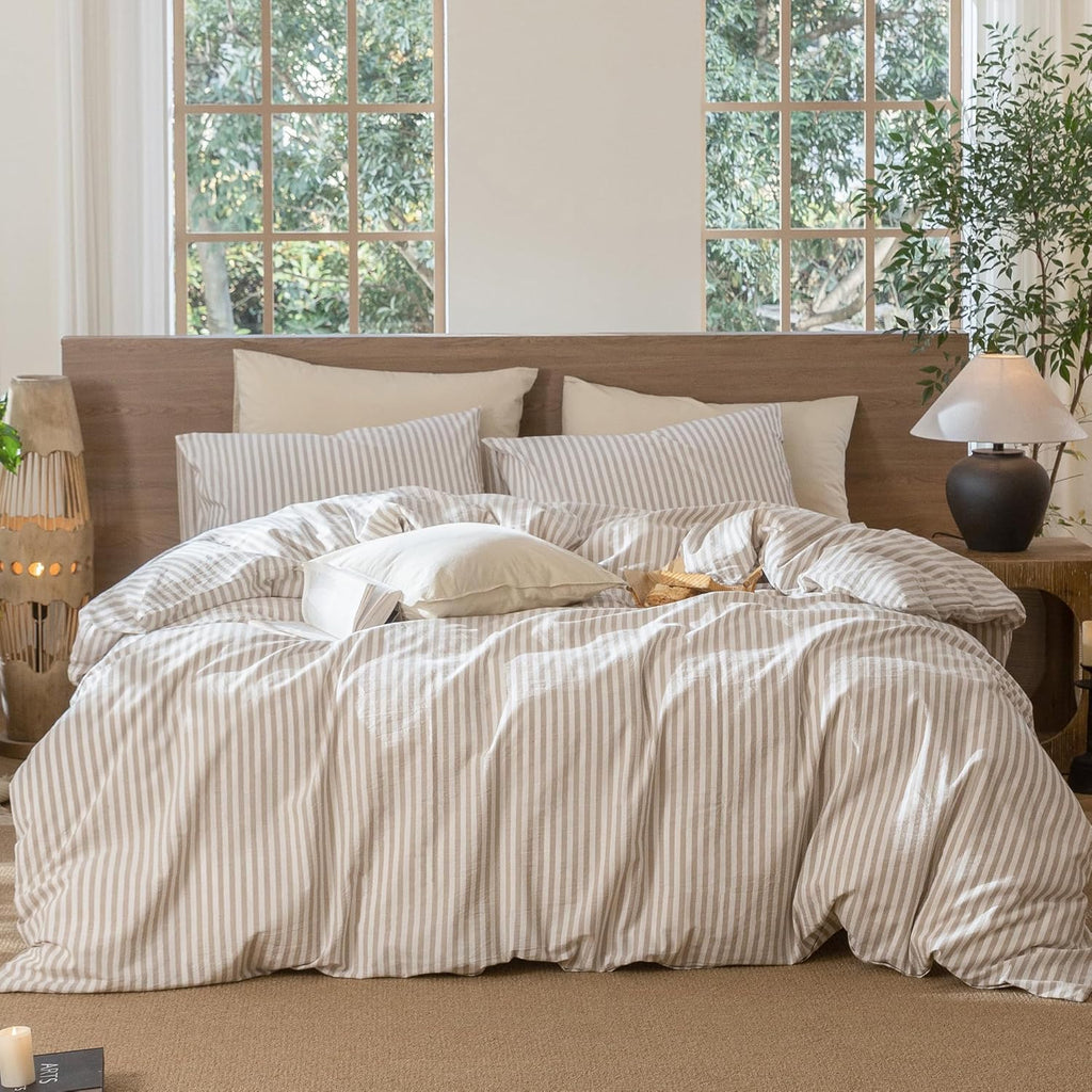 Striped Duvet Cover Set 100% Washed Cotton Linen Like Textured Breathable Durable Soft Comfy (Tannish Linen Grey