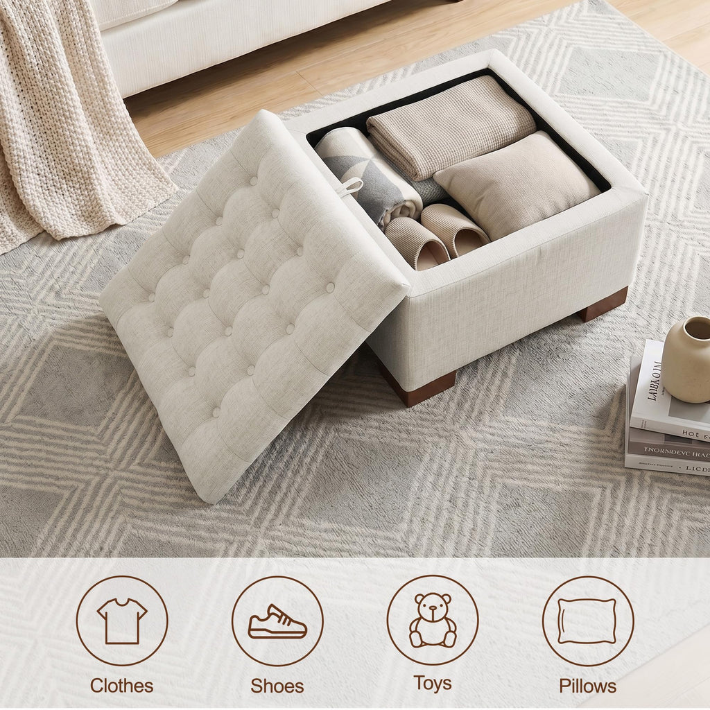 24 Inch Square Storage Ottoman Coffee Table, Modern Tufted Upholstered Ottoman with Flip Tray and Solid Wood Legs