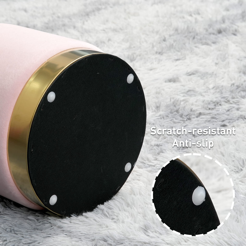 Round Storage Ottoman, Pink Velvet Ottoman with Storage, Upholstered Ottoman Foot Rest Stool with Gold Plating Base