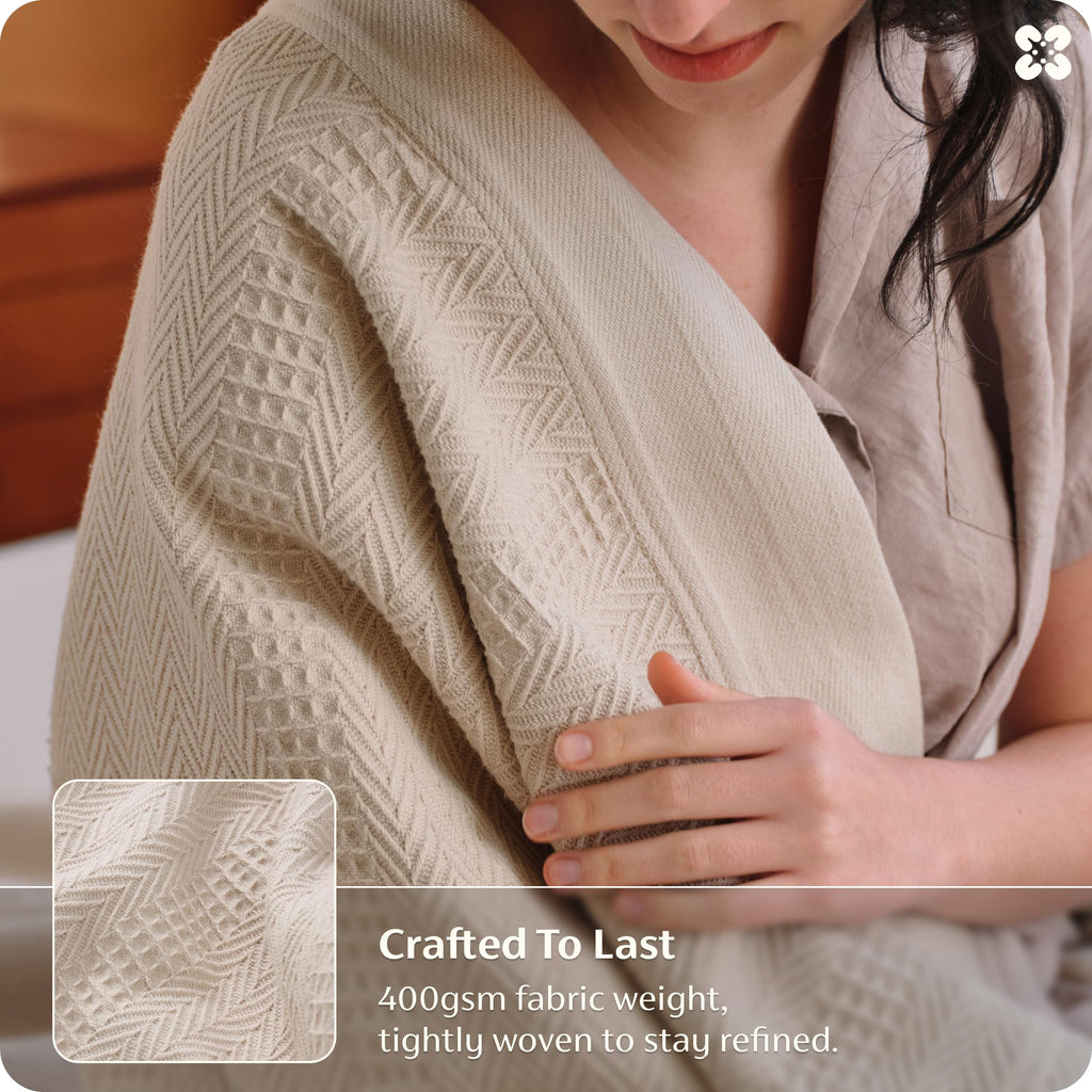 PureWoven 100% Organic Cotton Waffle Bed Blanket, Warm Beige
