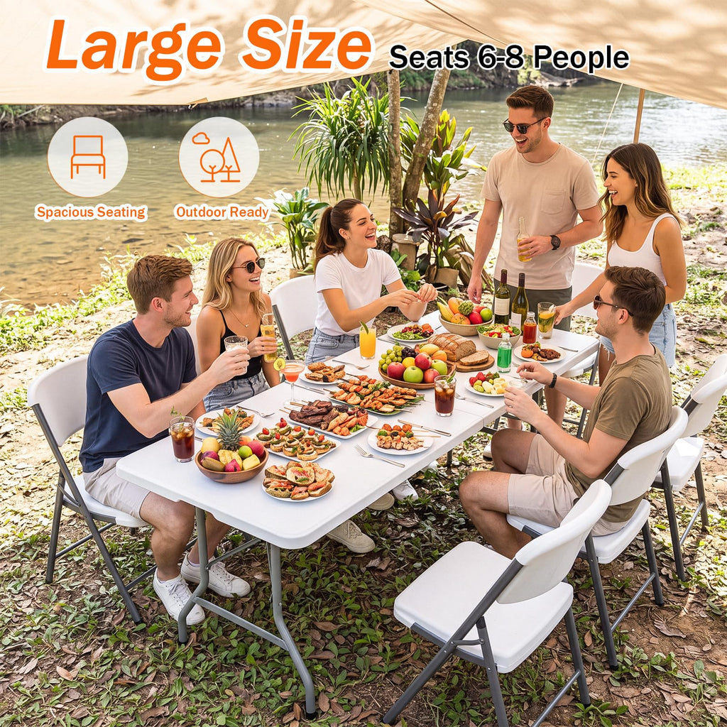 6FT Portable Folding Table, White Square Card Table with Carrying Handle & No Assembly, Slim Folding Table Built in