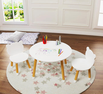 Bear-Themed Wooden Toddler Table and Chair Set for Kids' Room,White