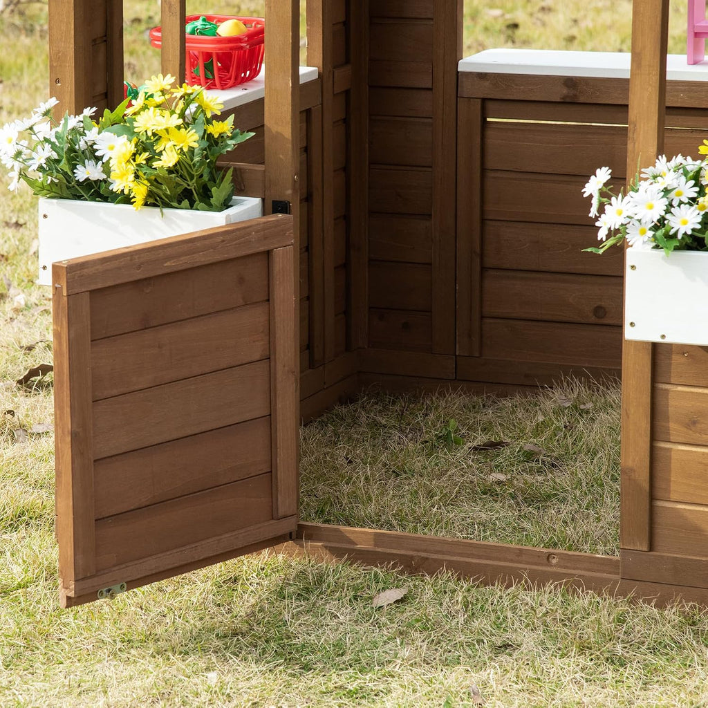 Outdoor Playhouse Wooden Kids Playhouse with Working Door Brown | Windows, Kids Cottage, Flowers Pot Holder, Backyard