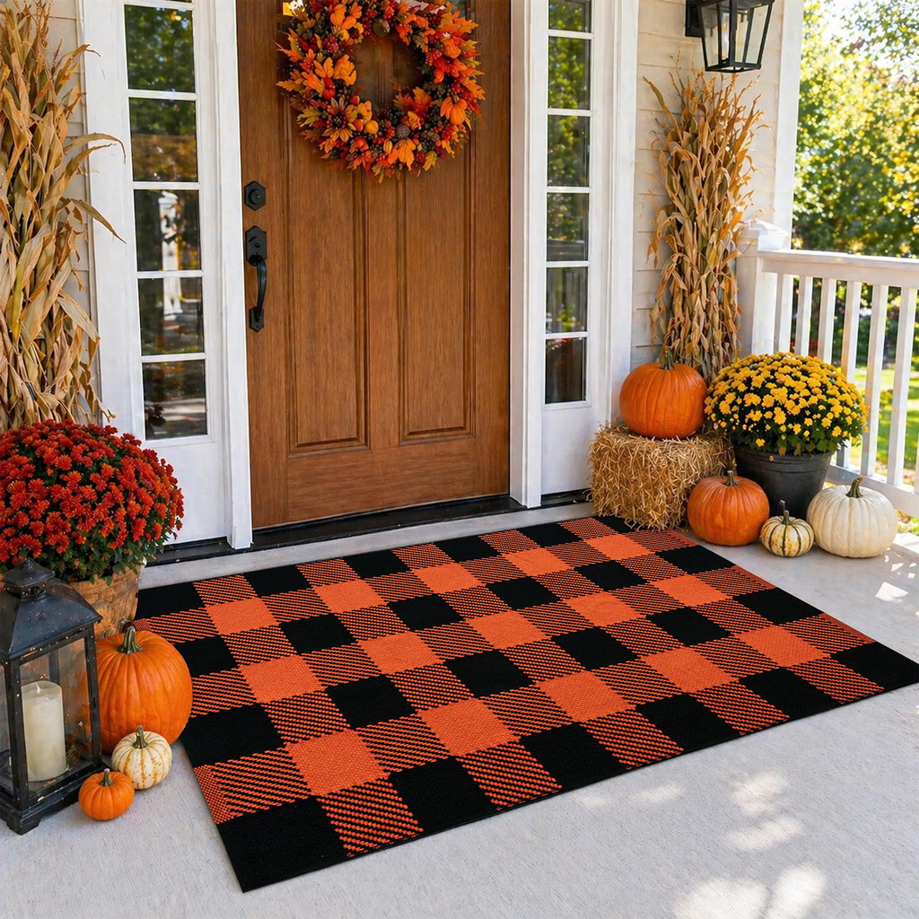 Fall Door Mat Orange and Black Buffalo Plaid Rug 3'x 5', Washable Layering Rug for Front Door Porch Entryway Cotton