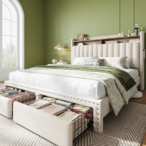 Queen Bed Frame, Upholstered Queen Bed Frame with 2 Storage Drawers and 2-Tier Headboard