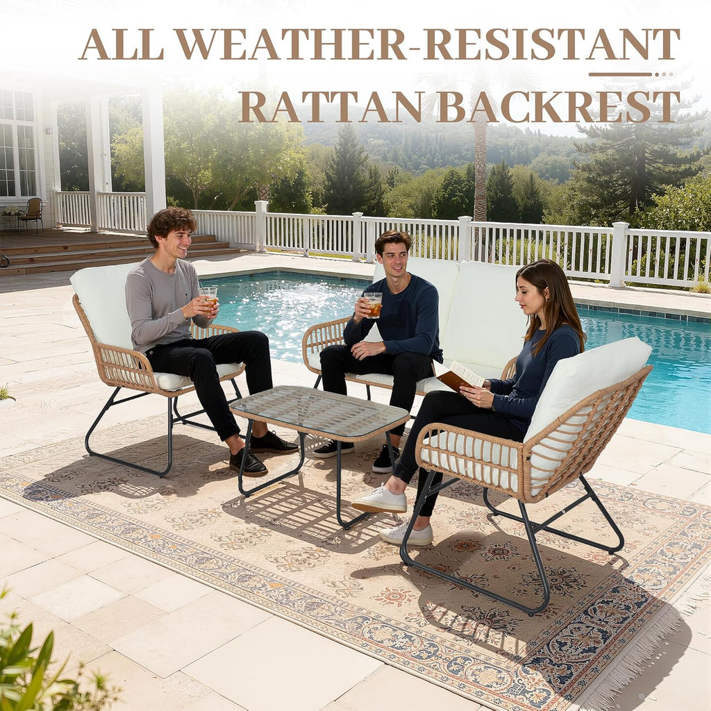 4 Pieces Outdoor Patio Furniture Set,Patio Conversation Set,Rattan Wicker Bistro Sets with Loveseat Chairs and