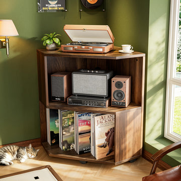 Corner Record Player Stand, Record Player Cabinet, Walnut
