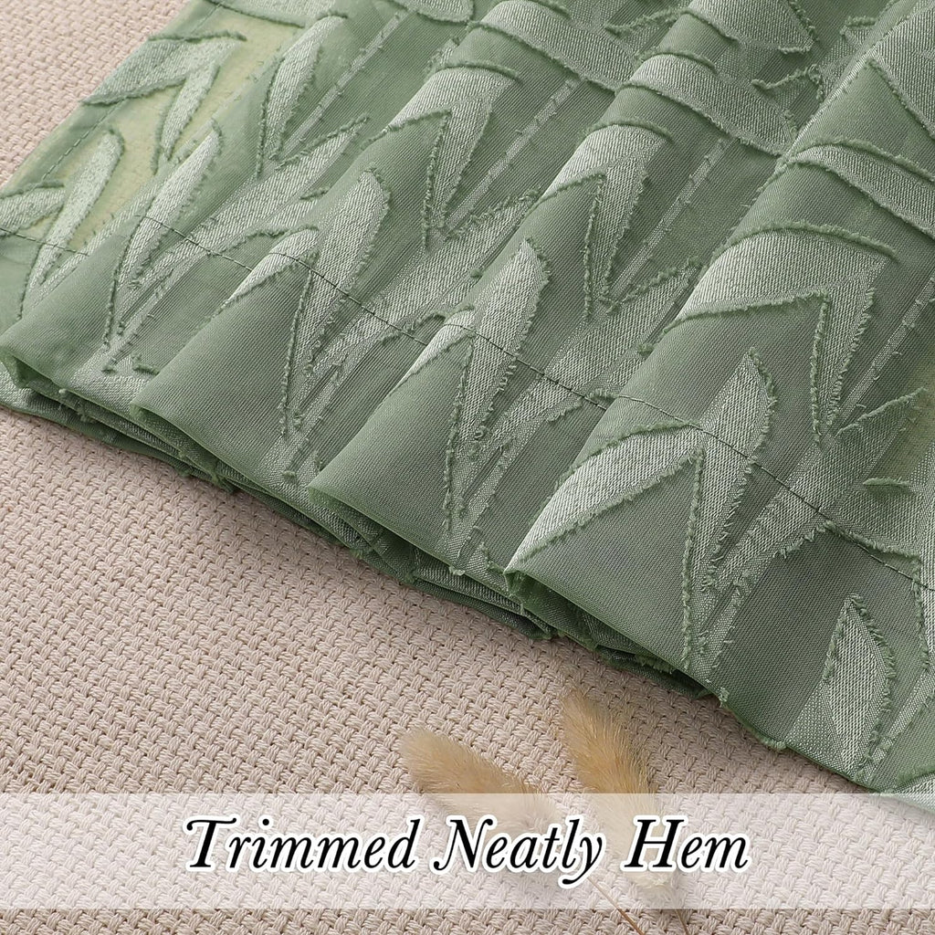 Leia 14 Inch Sage Valance for Window Green Sheer Curtains 2 PCS, Jacquard Texture Leaves Semi Voile Living Room