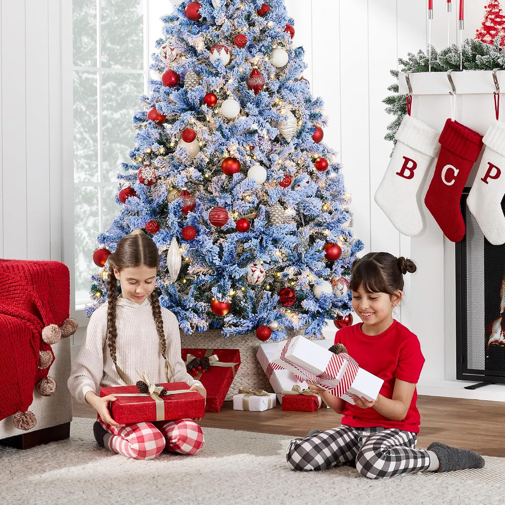 Pre-Lit Blue Christmas Tree, Artificial Flocked Full Fir Tree, Holiday Decoration w/ 900 Lights, 2,094 Branch Tips