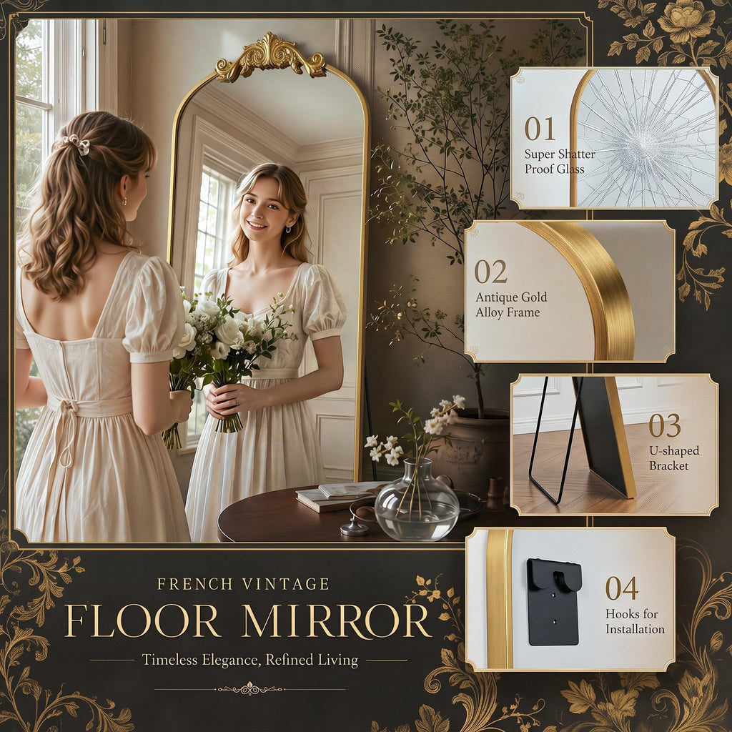 Arched Full Length Mirror, 71"x28" Floor Mirror with Carved, Gold
