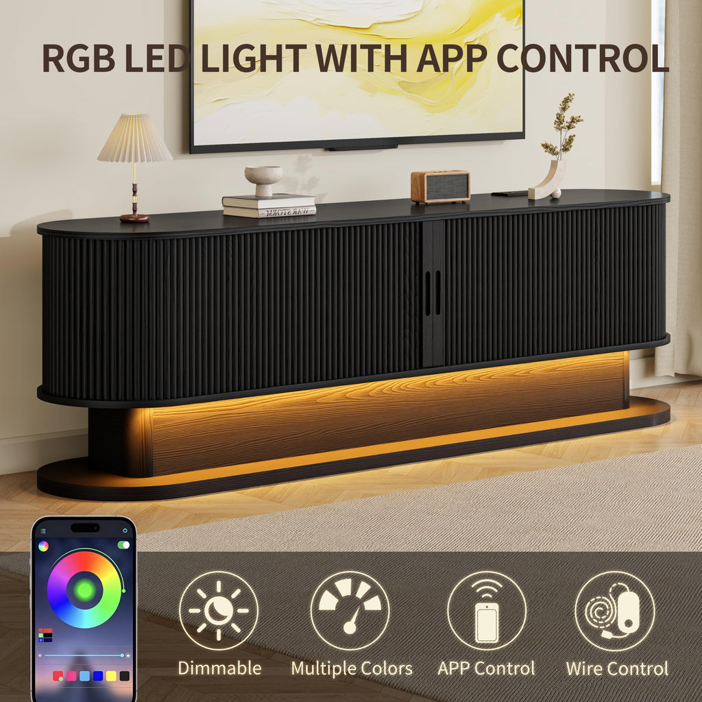 70" Fluted TV Stand with Power Outlet for TVs up to 80", Mid Century Modern TV Console with LED Lights and