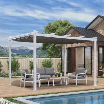 10' x 13' Outdoor Retractable Pergola Heavy-Duty Aluminum White Pergola with Sun Shade Canopy Patio Modern Shelter for