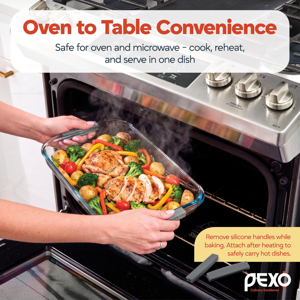 8 Piece Glass Baking Dish Set with Lids, BPA Free, With Easy Grip Slide On Silicone Handles (1.06QT, 1.69QT, 2.32QT