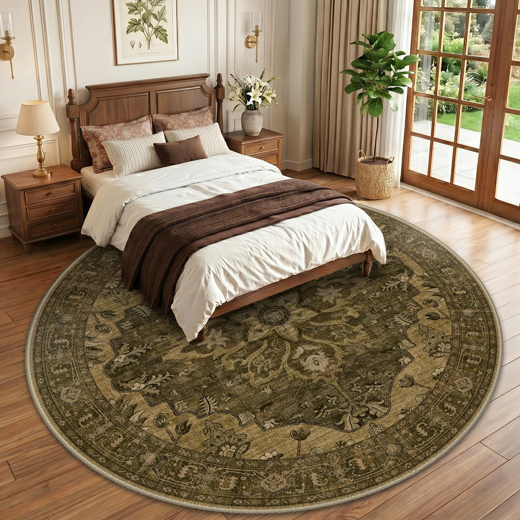 Washable Area Rug, Round 10ft, Brown/Dark Brown