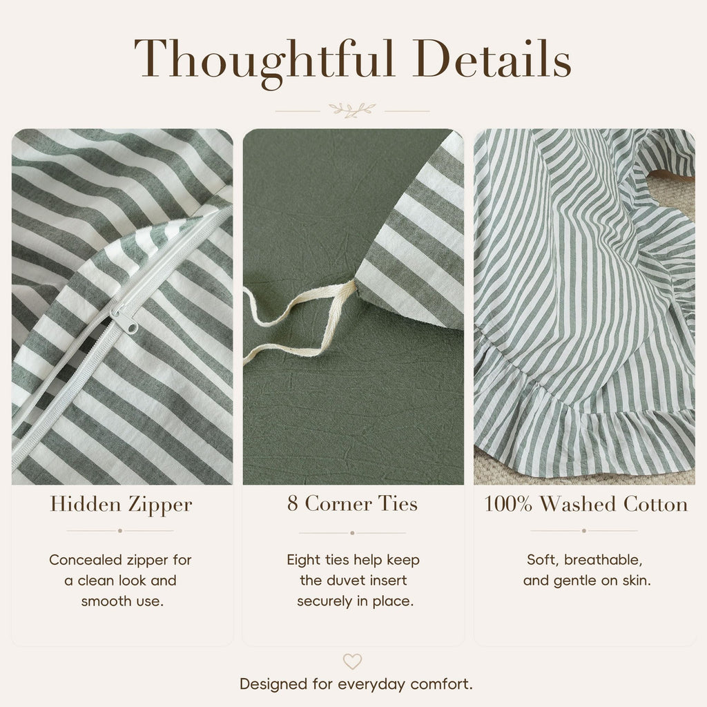 Striped Ruffle Duvet Cover Set Washed Cotton Linen Feel 3‐Pcs