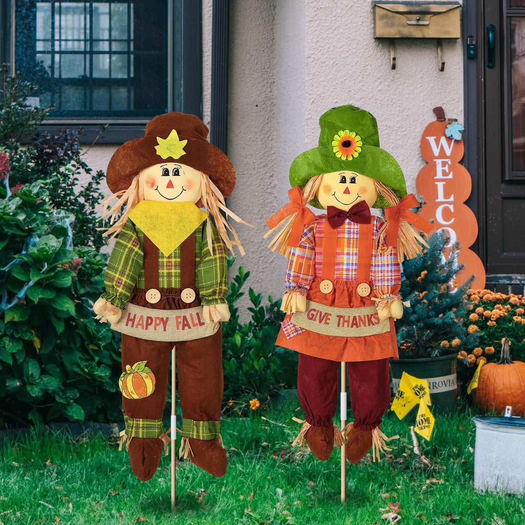 2 Pack Fall Scarecrow Outdoor Decorations, Plaid, Cute, 27''