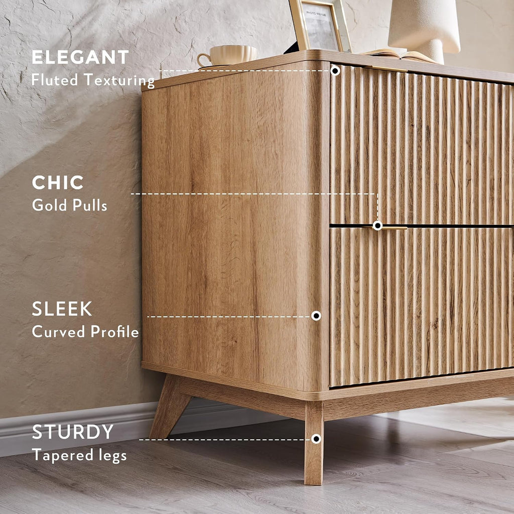 31.8-Inch Fluted 2 Drawer Lateral File Cabinet, Natural Oak | Filing Cabinet with Files Hanging Rod for Letter