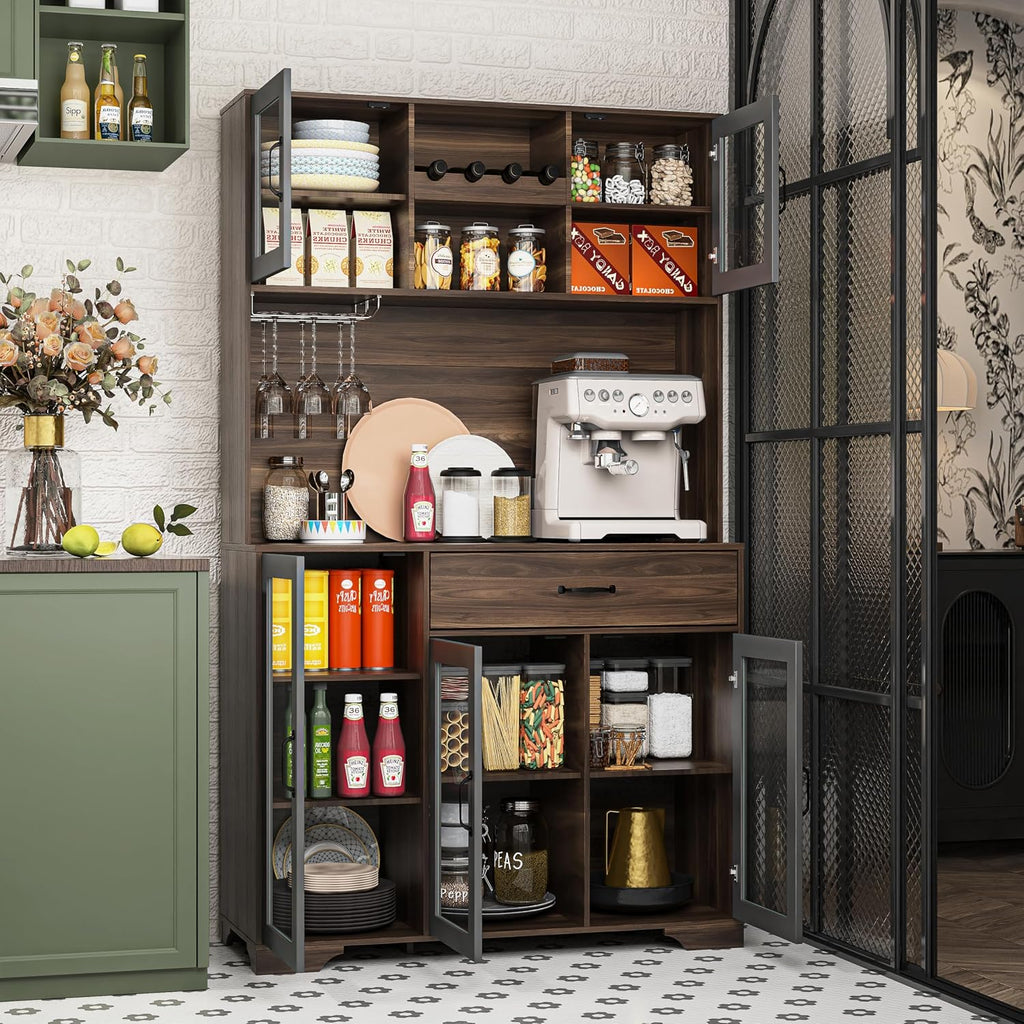 71" Tall Pantry Cabinet with Glass Doors, Kitchen Hutch Storage Cabinet, Coffee Bar & Liquor Cabinet with Charging