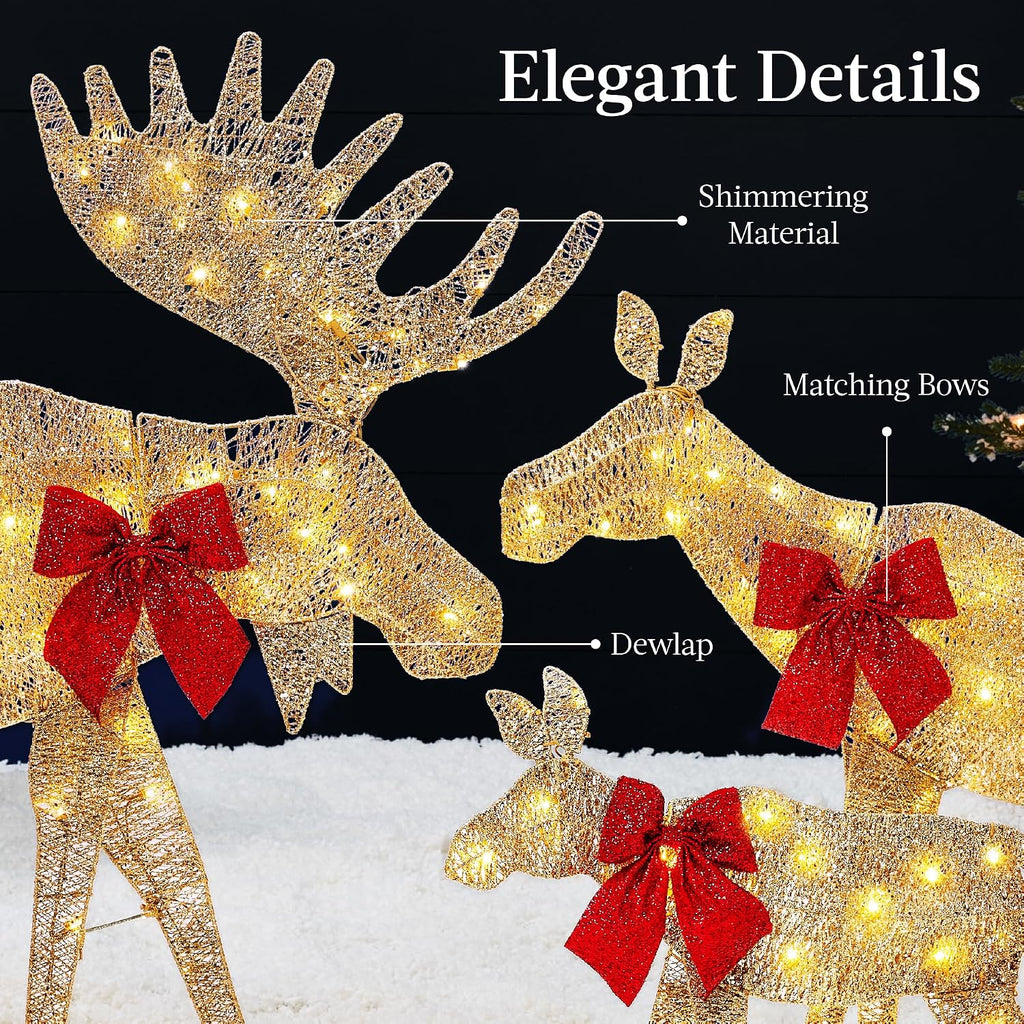 2D Moose Family Outdoor 3pc Christmas Yard Décor, 4ft Lighted Set Prelit All-Weather w/ 195 LEDs, Ground Stakes