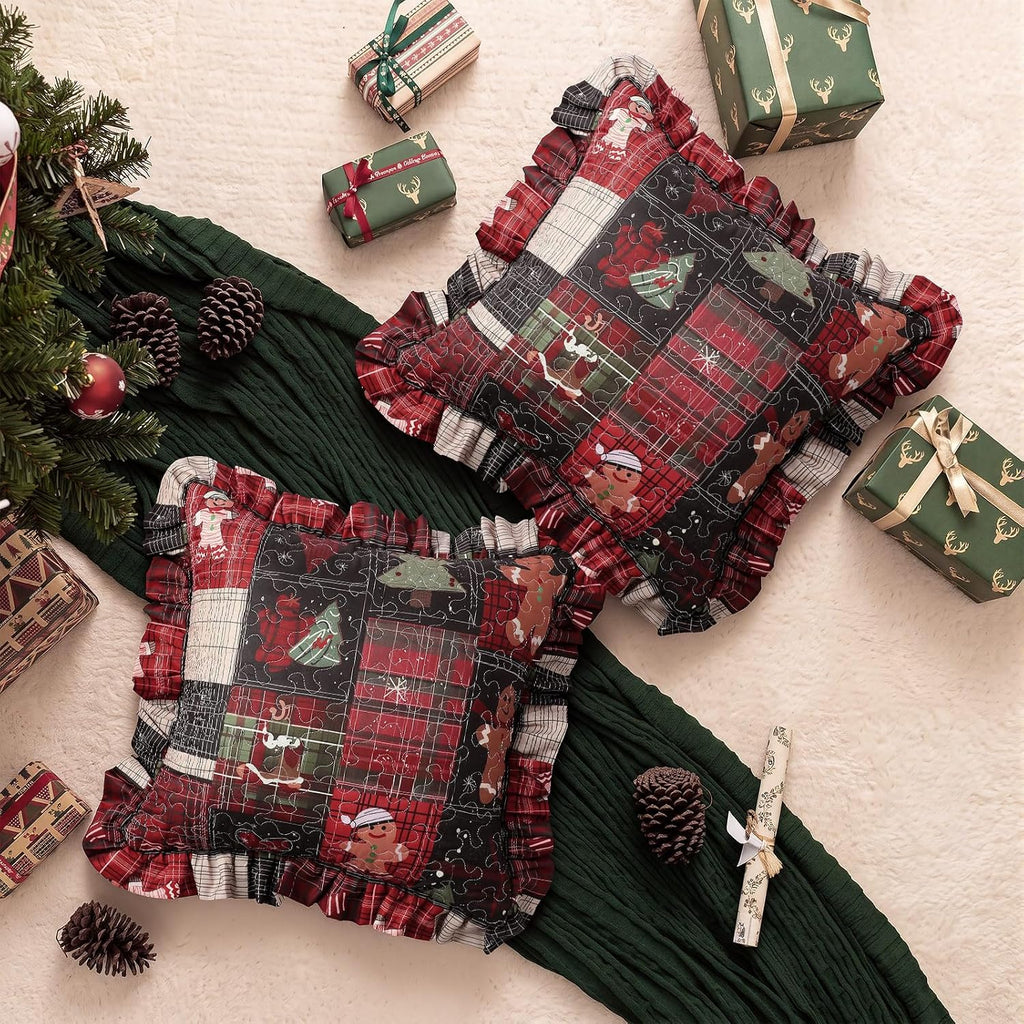 Christmas Gingerbread Man Quilted Pillow Covers 18 x 18 Inch - Set of 2