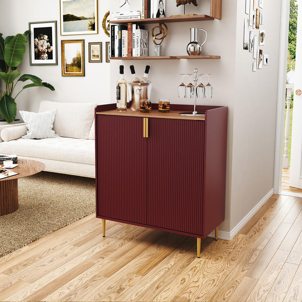 Coffee Bar Cabinet with Wine Rack&Glass Holder, Red