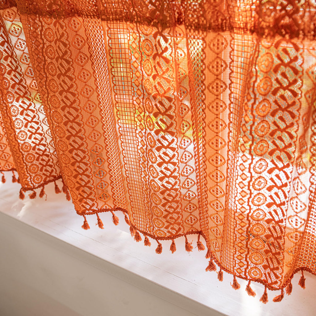 Boho Valance Short Curtains Crochet Lace Sheer Bohemian Hollow Knitted with Tassels, Privacy Vintage Rustic Farmhouse