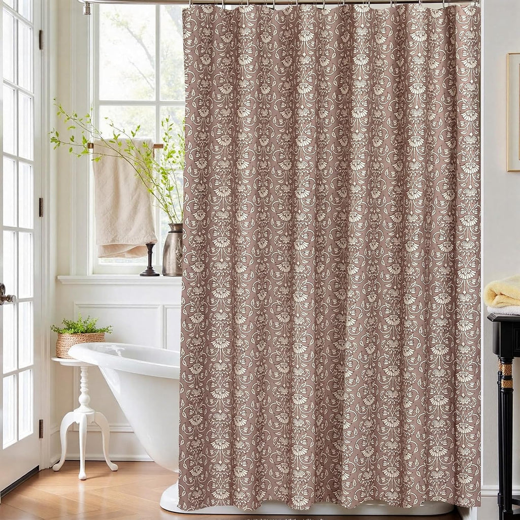 Camel Shower Curtain Vintage Floral Block Print - 72x72 Inches,Cotton Blend Cloth Fabric,Neutral Farmhouse Decorative