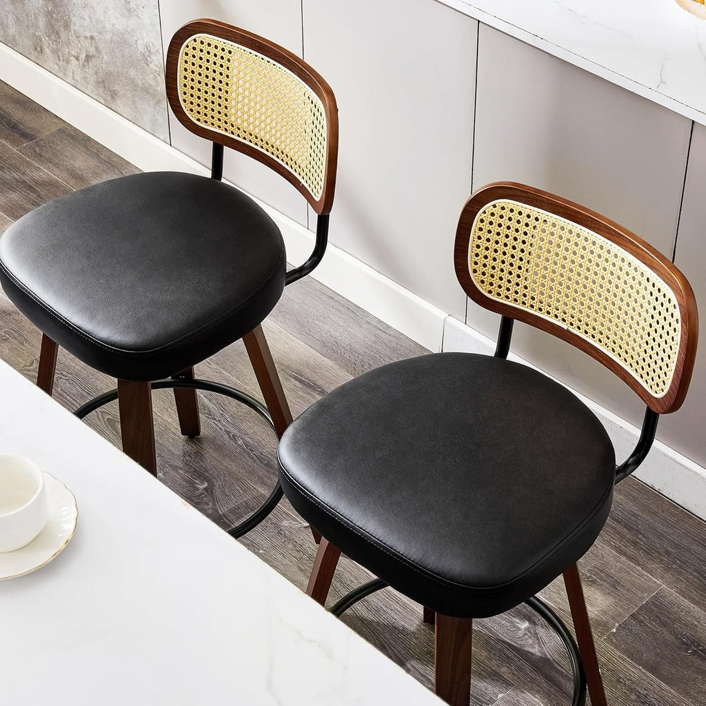 Natural Rattan Bar Stools Set of 2,Upholstered PU Leather, 26'' Counter Height Barstools with Back and Wood