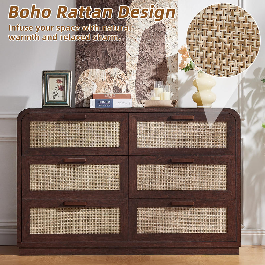 Rattan 6 Drawer Dresser, Walnut