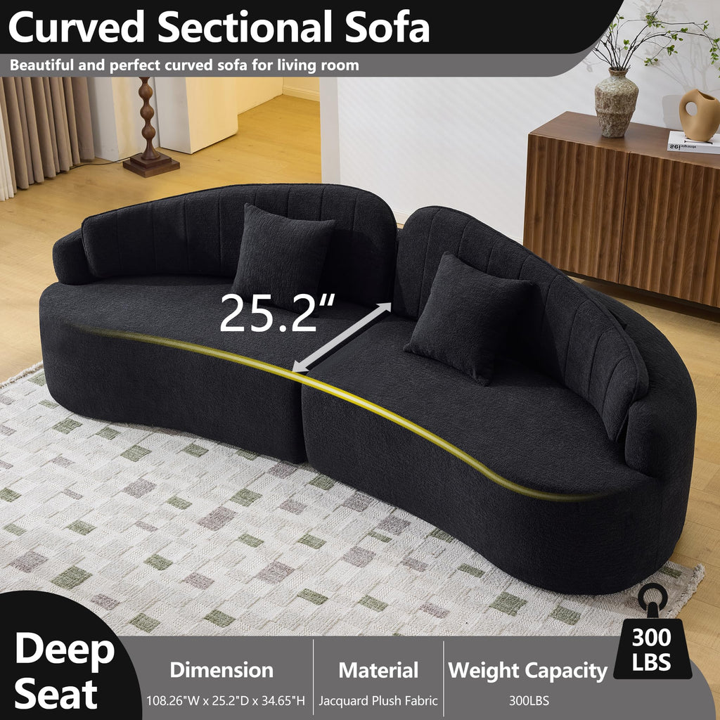 108"Curved Sectional Sofa, Deep Seat Black Couch with 2 High Back