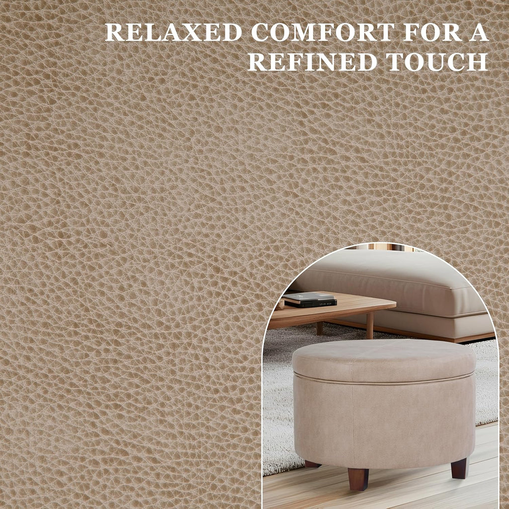 Home Decor | Upholstered Faux Leather Round Storage Ottoman | Ottoman with Storage , Taupe Brown
