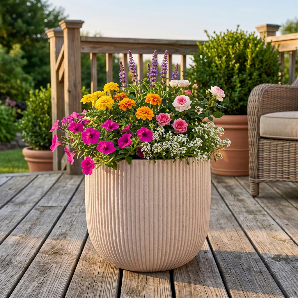 16" Pillar Fluted Outdoor Planter, Off-White, Modern Round Plant Pot