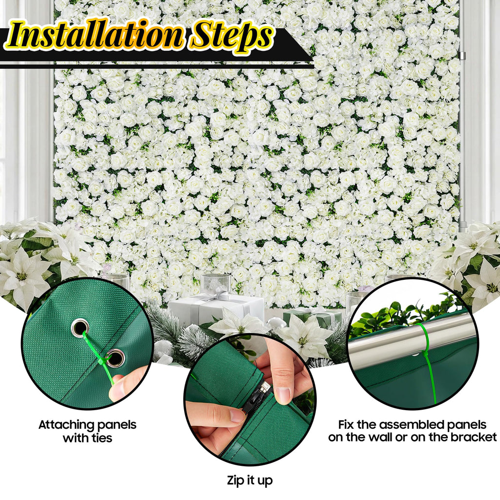 Artificial Flower Wall Backdrop 12-Pack 16"* 24" White Rose Artificial Floral Panels Spring Wedding Home Valentine's