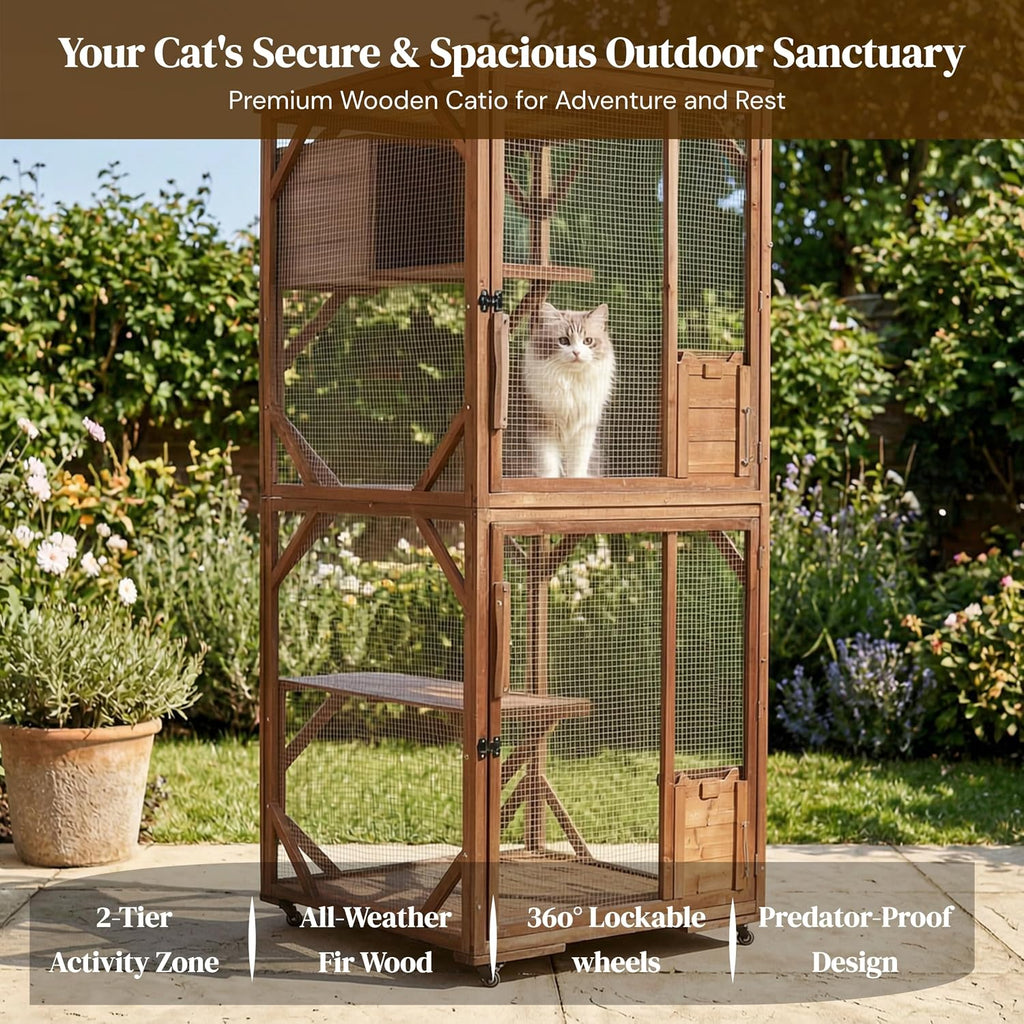 2-Tier Outdoor Cat Cage, Lockable Wheels & 3 Lockable Doors