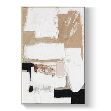 Neutral Tone Textured Wall Art - Hand Painted Oil Painting 45x30 Abstract White Beige Black Framed Artwork Bedroom