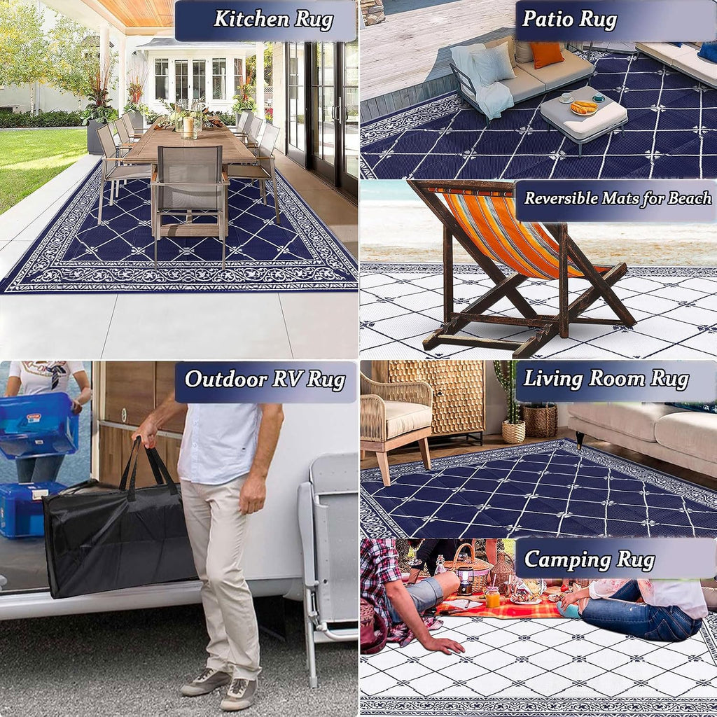 Outdoor Rug 8'x10' s, Waterproof Trellis Blue & White Outside Mat for Front Porch,Beach, Reversible Plastic Straw