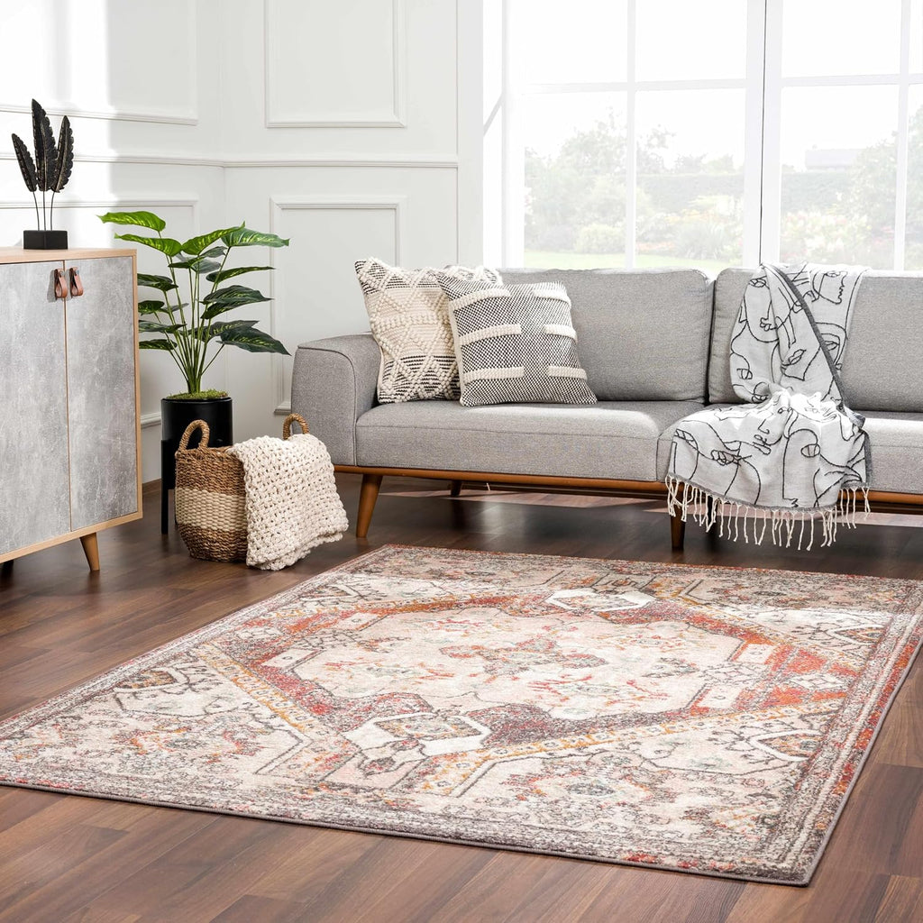 Xenia Living Room, Bedroom Area Rug - Medallion Geometric Border Diamond Distressed - Traditional Oriental Turkish