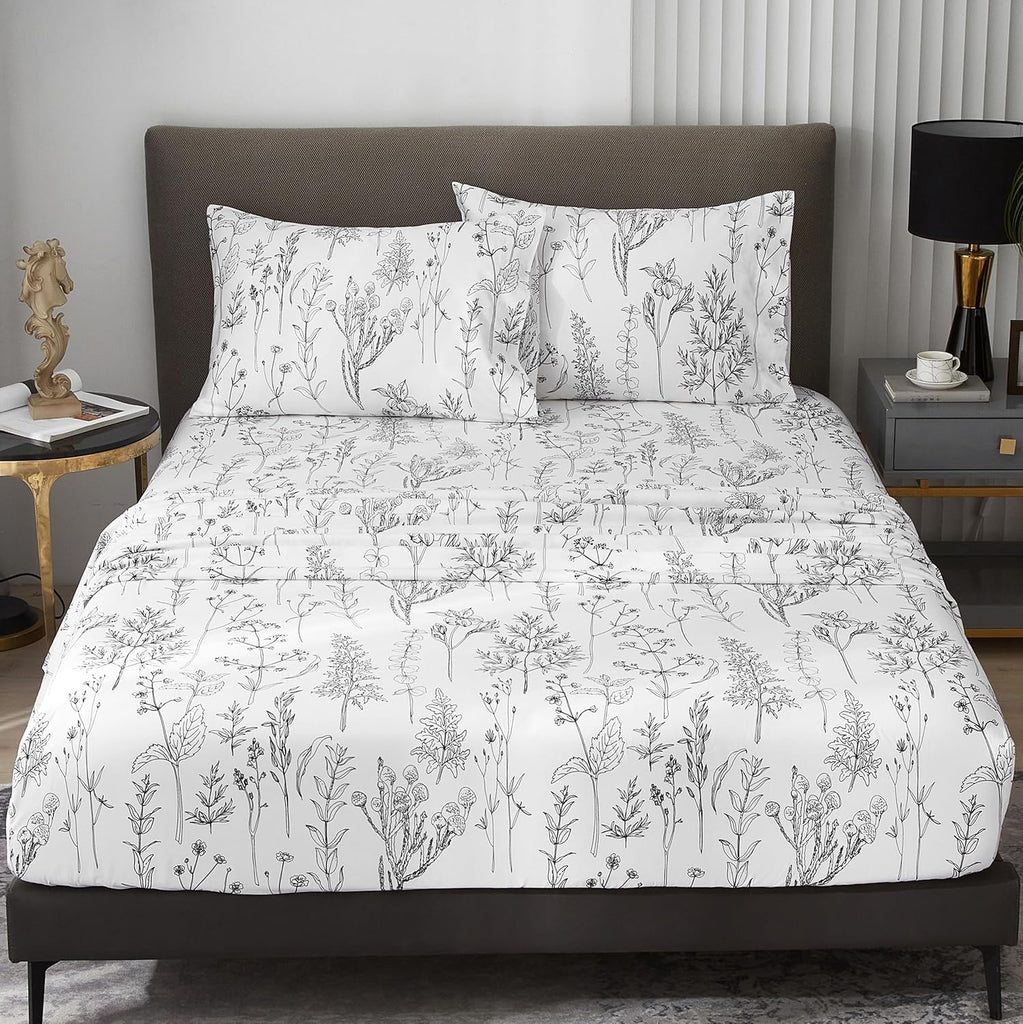 Floral Sheets Queen,18 inches Deep Pocket Sheets, 1800 Thread Count Black and White Leaf Floral Bed Sheets Soft