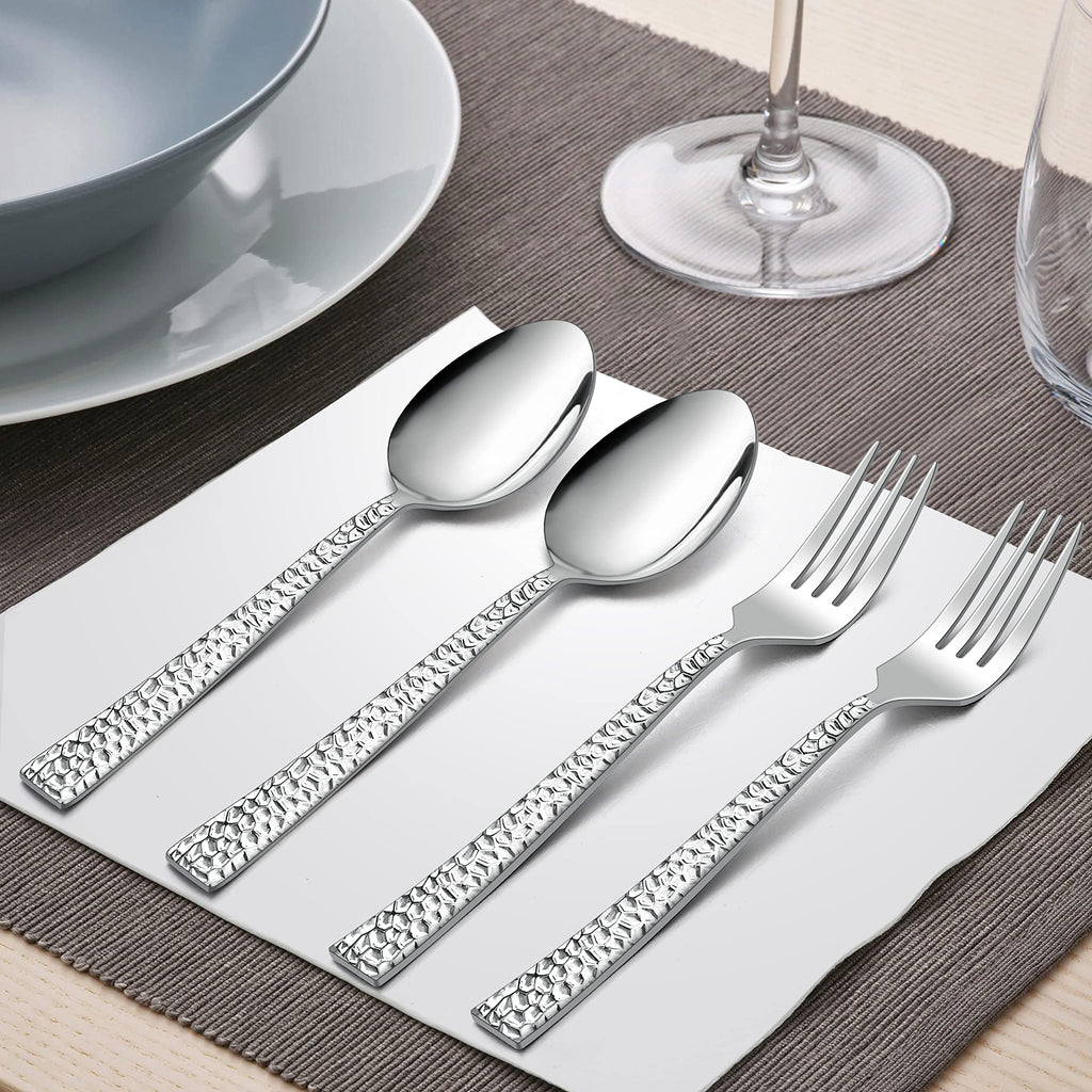 24 Pieces Hammered Forks and Spoons Silverware set (7.9 Inches), Stainless Steel Flatware Cutlery