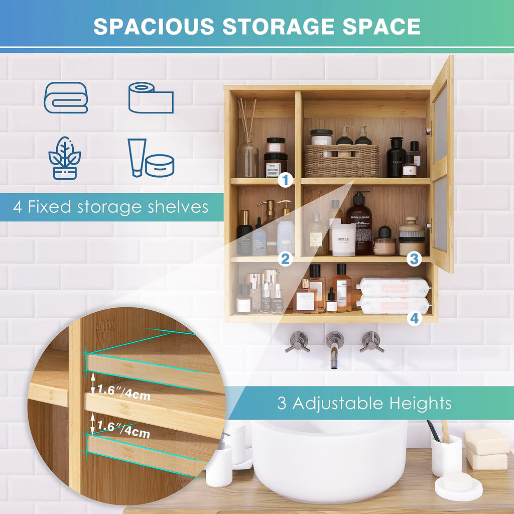 Bathroom Mirror Cabinet Wall Mounted, Bamboo Space Saver Medicine Cabinet, Wall Hanging Over Toilet Storage Cabinet