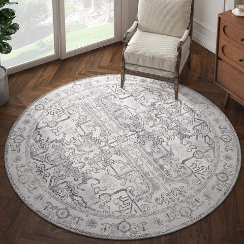 Lima Round Rug 6ft Vintage Machine Washable Area Rug Indoor Circle 6' Ultra-Thin Non-Slip Floral Pri