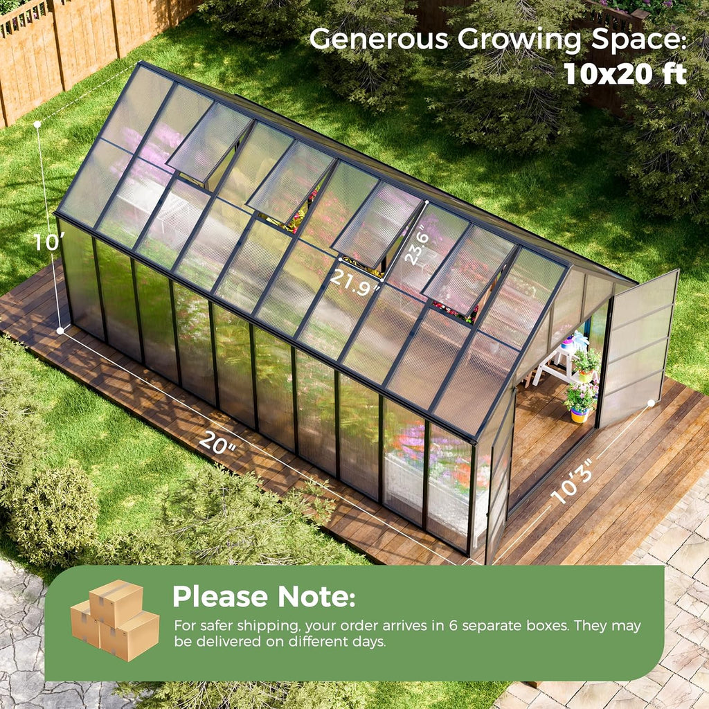 20x10x10 FT Polycarbonate Greenhouse with 4 Roof Vents