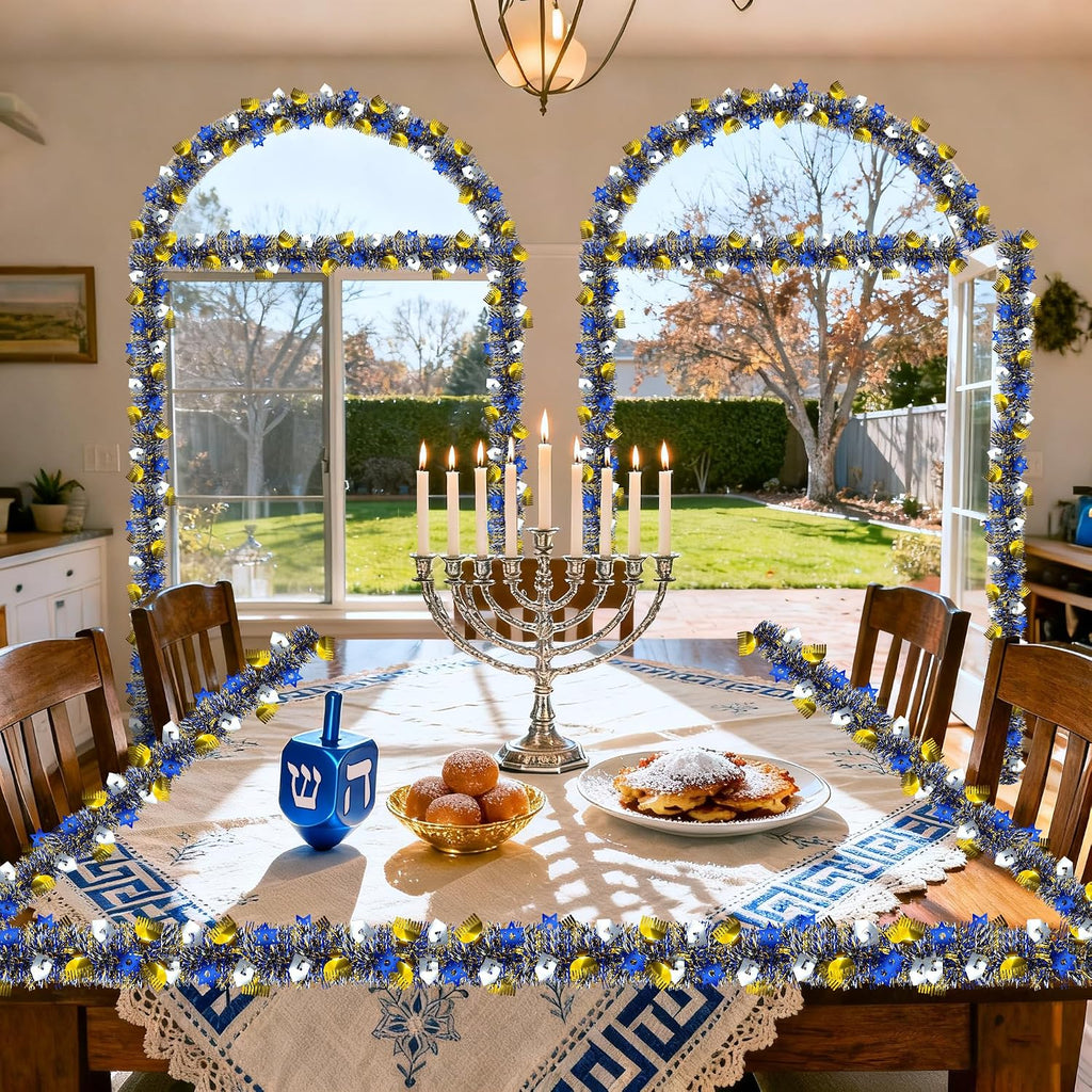 50FT Hanukkah Decorations Tinsel Garland, Blue Gold Silver Shiny Metallic Tinsel Twist Hanukkah Garland with Dreidel - Set of 50