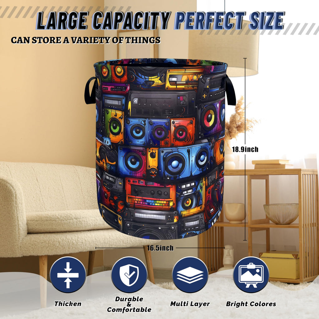 Retro Radio Tape Laundry Basket Oxford Cloth Foldable Hamper 18.9x16.5 Inch