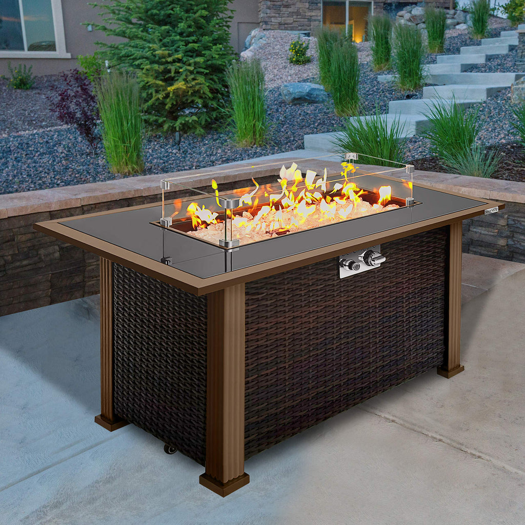 Outdoor Gas Fire Pit Table, 50, 000 BTU Propane Burner, Auto Ignition, Tempered Glass Wind Guard, Stainless Steel