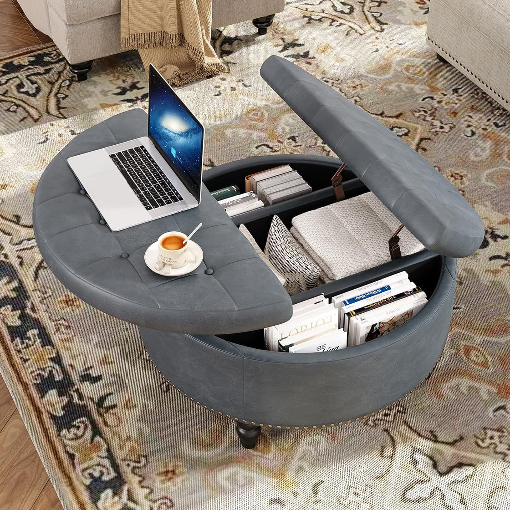 30 Inch Large Round Ottoman with Storage Circular,Gray Grey | Leather Coffee Table with Lift Top,Modern Upholstered