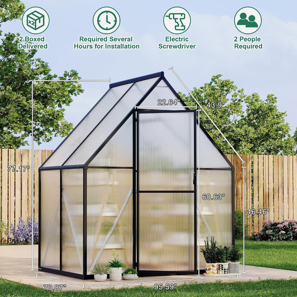 6X7 ft Aluminum Polycarbonate Greenhouse, Heavy Duty Greenhouses for Outdoors with Roof Vent, Lockable Door, Large