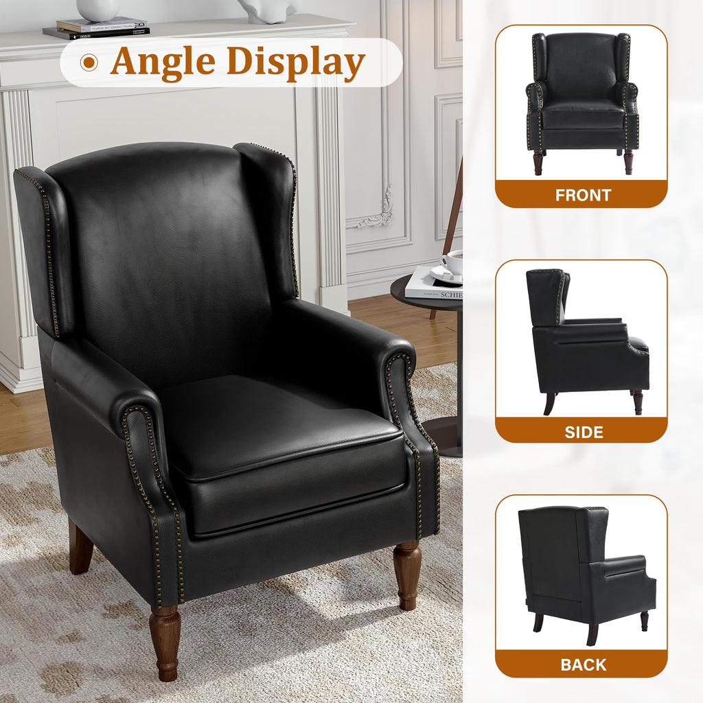 Faux Leather Wingback Accent Chairs Set of 2, High Back Armchair, Black
